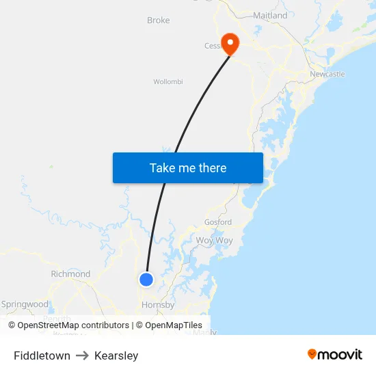 Fiddletown to Kearsley map