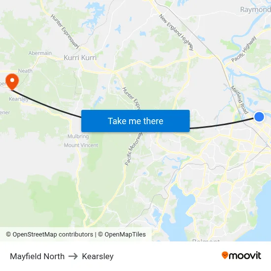 Mayfield North to Kearsley map