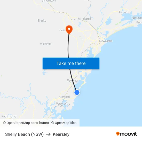 Shelly Beach (NSW) to Kearsley map