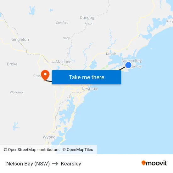 Nelson Bay (NSW) to Kearsley map