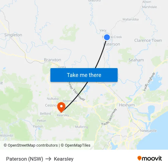 Paterson (NSW) to Kearsley map