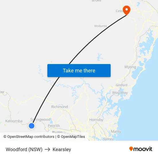 Woodford (NSW) to Kearsley map