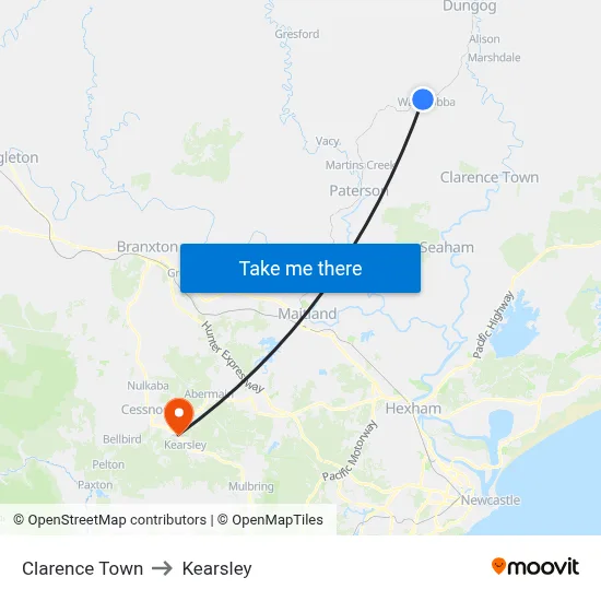 Clarence Town to Kearsley map