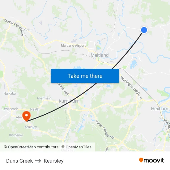 Duns Creek to Kearsley map
