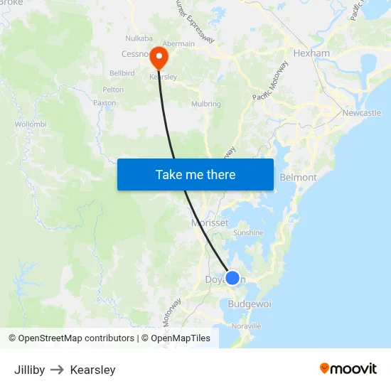 Jilliby to Kearsley map