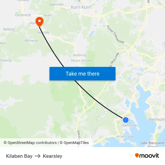 Kilaben Bay to Kearsley map