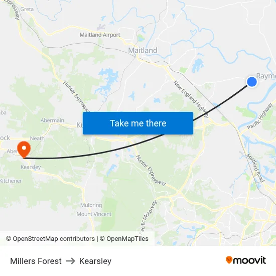 Millers Forest to Kearsley map