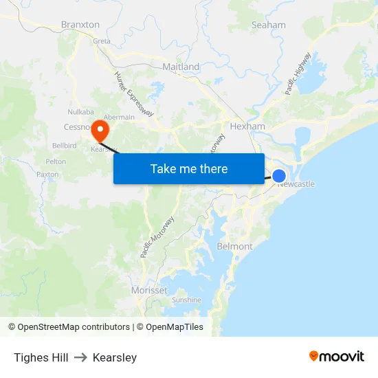 Tighes Hill to Kearsley map