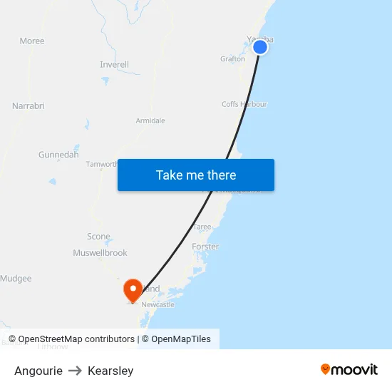 Angourie to Kearsley map