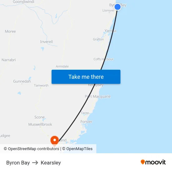 Byron Bay to Kearsley map