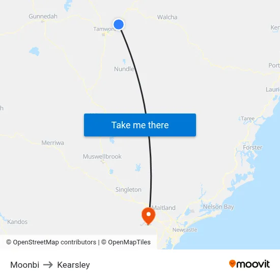 Moonbi to Kearsley map