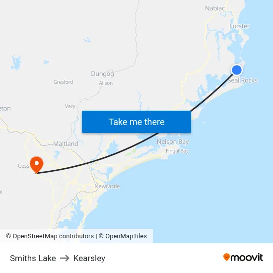 Smiths Lake to Kearsley map