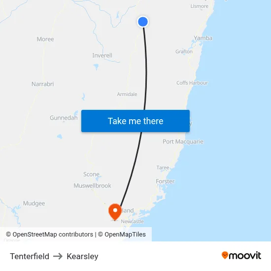 Tenterfield to Kearsley map
