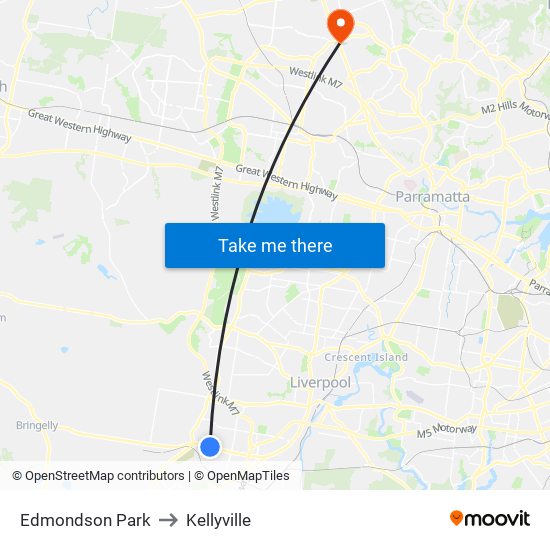 Edmondson Park to Kellyville map