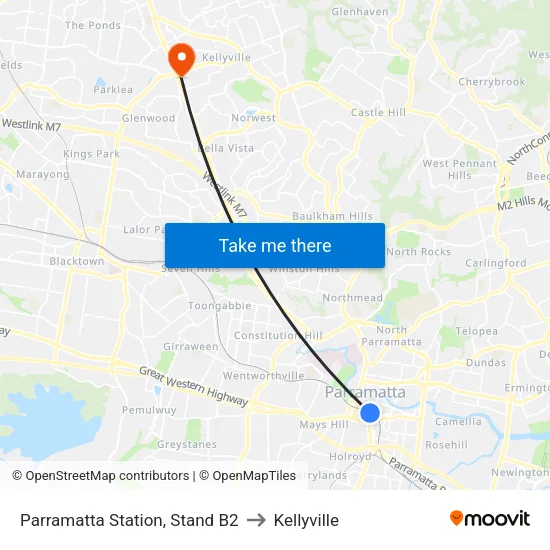 Parramatta Station, Stand B2 to Kellyville map