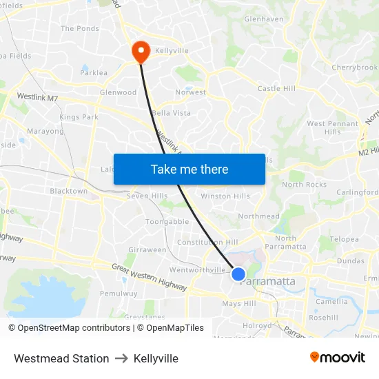 Westmead Station to Kellyville map