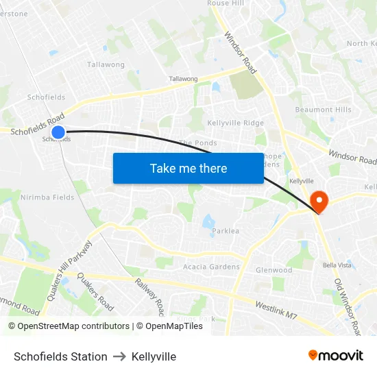 Schofields Station to Kellyville map