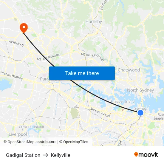 Gadigal Station to Kellyville map