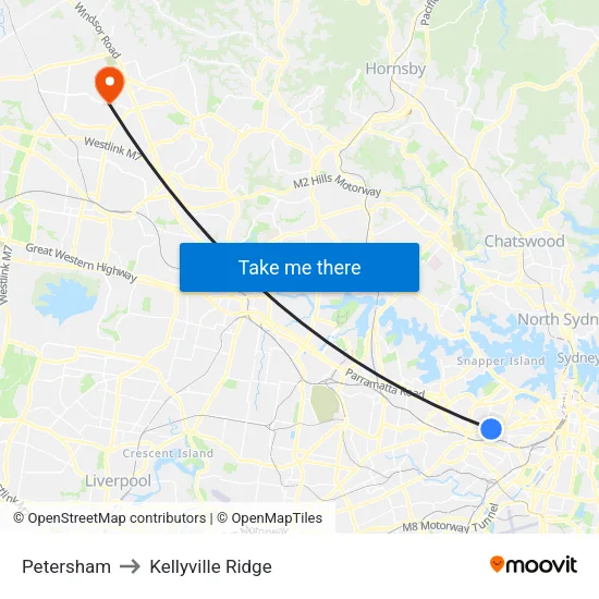Petersham to Kellyville Ridge map