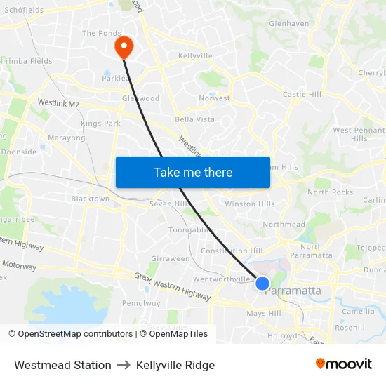 Westmead Station to Kellyville Ridge map