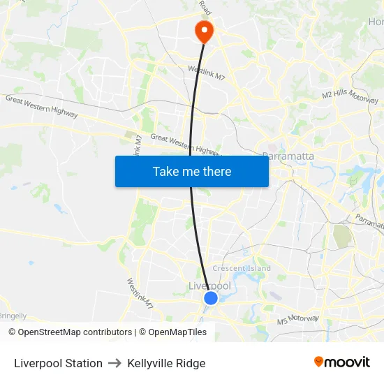 Liverpool Station to Kellyville Ridge map