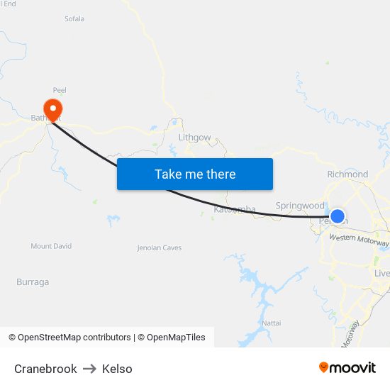 Cranebrook to Kelso map