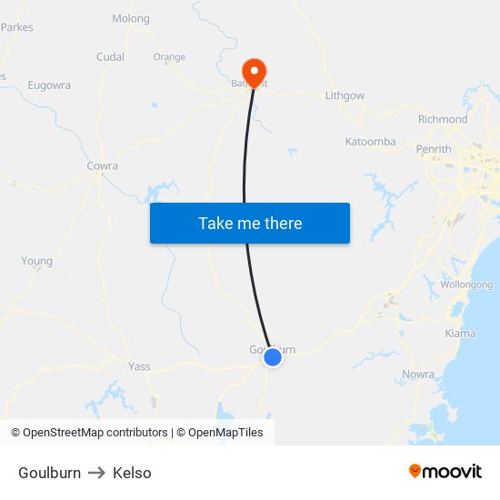 Goulburn to Kelso map