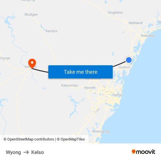 Wyong to Kelso map