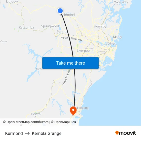 Kurmond to Kembla Grange map