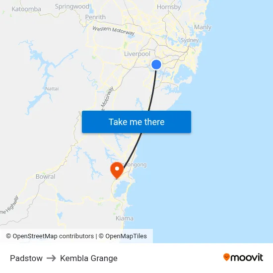 Padstow to Kembla Grange map