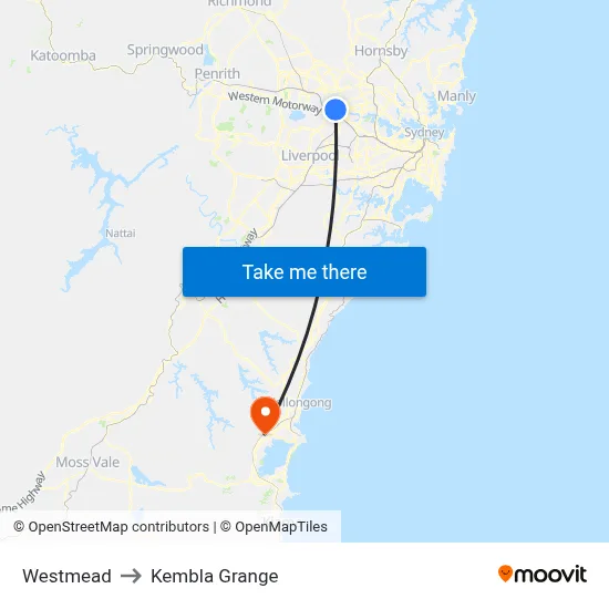 Westmead to Kembla Grange map
