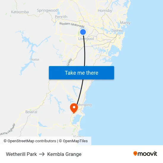 Wetherill Park to Kembla Grange map