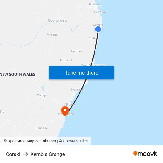 Coraki to Kembla Grange map