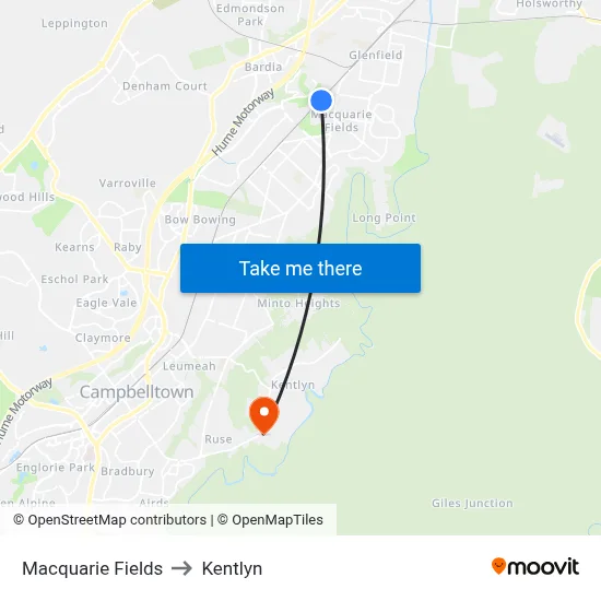 Macquarie Fields to Kentlyn map
