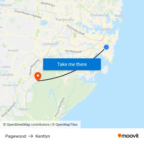 Pagewood to Kentlyn map