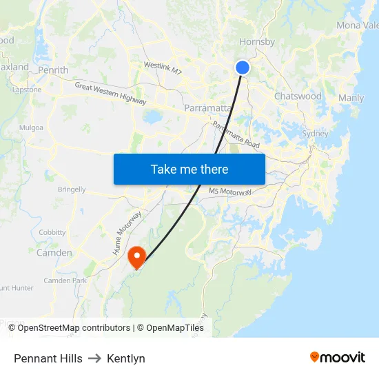 Pennant Hills to Kentlyn map