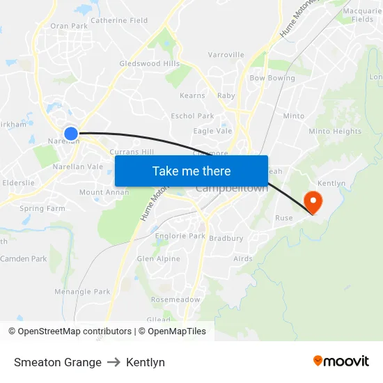 Smeaton Grange to Kentlyn map