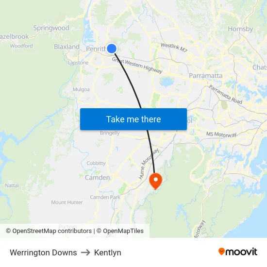Werrington Downs to Kentlyn map