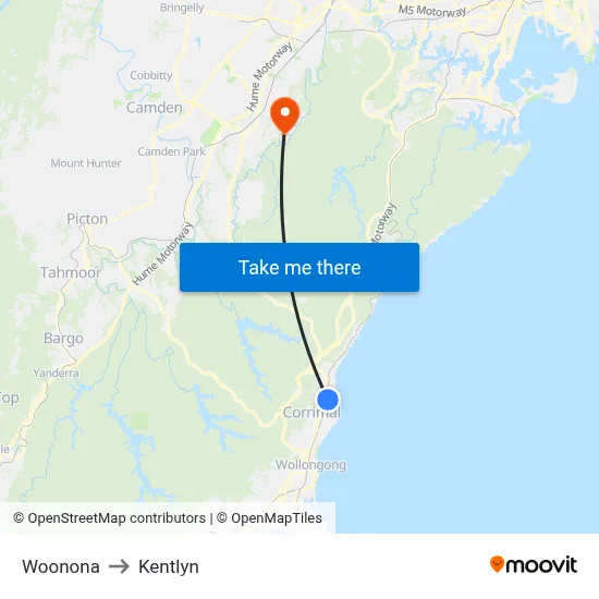 Woonona to Kentlyn map