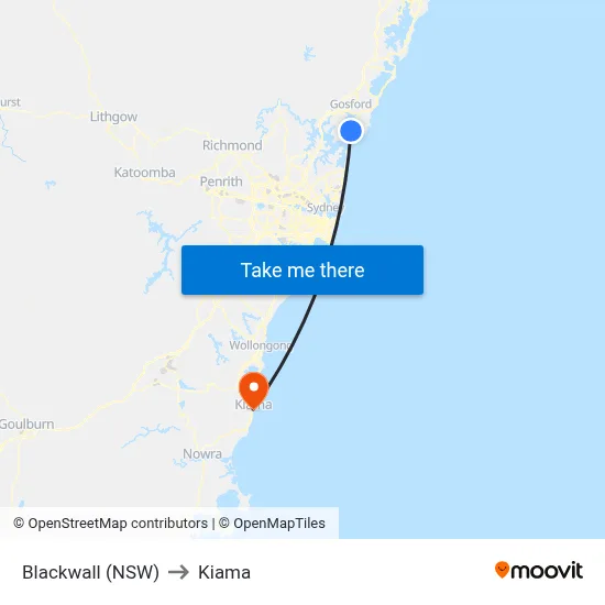 Blackwall (NSW) to Kiama map
