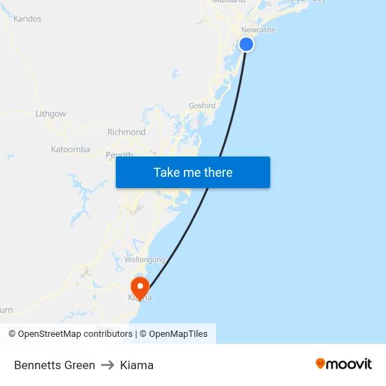 Bennetts Green to Kiama map