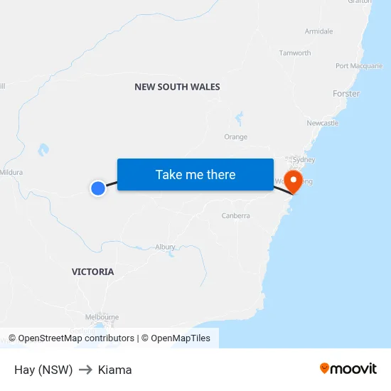 Hay (NSW) to Kiama map