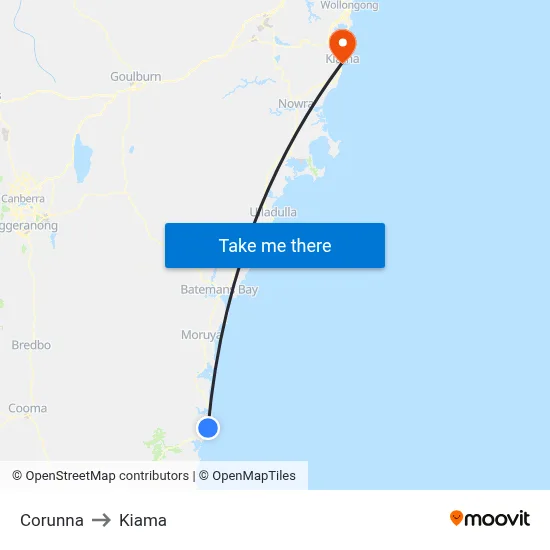 Corunna to Kiama map