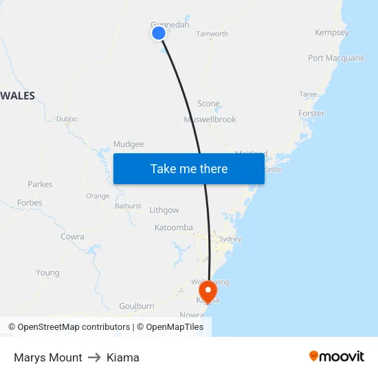 Marys Mount to Kiama map