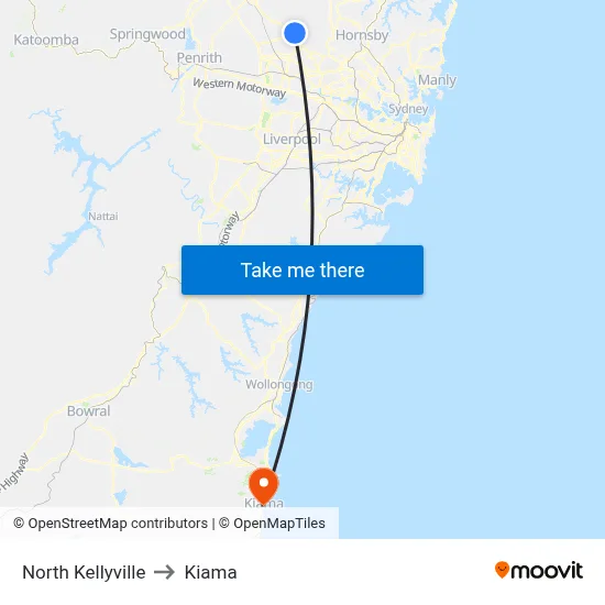 North Kellyville to Kiama map