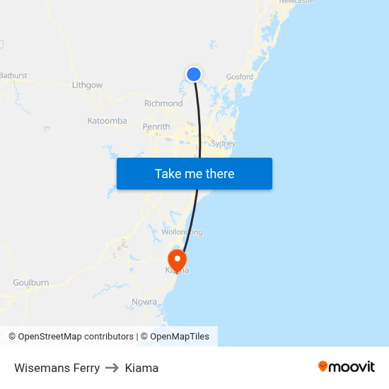 Wisemans Ferry to Kiama map