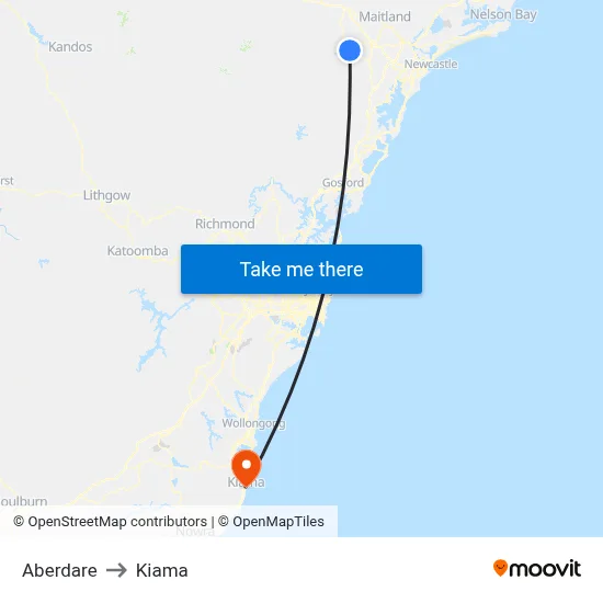 Aberdare to Kiama map