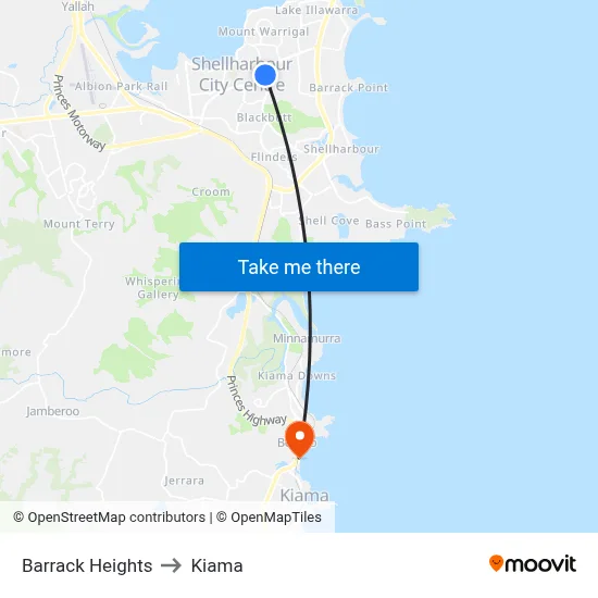 Barrack Heights to Kiama map