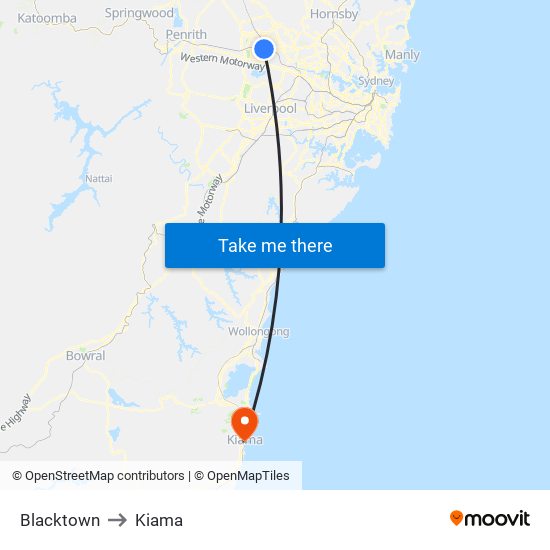 Blacktown to Kiama map