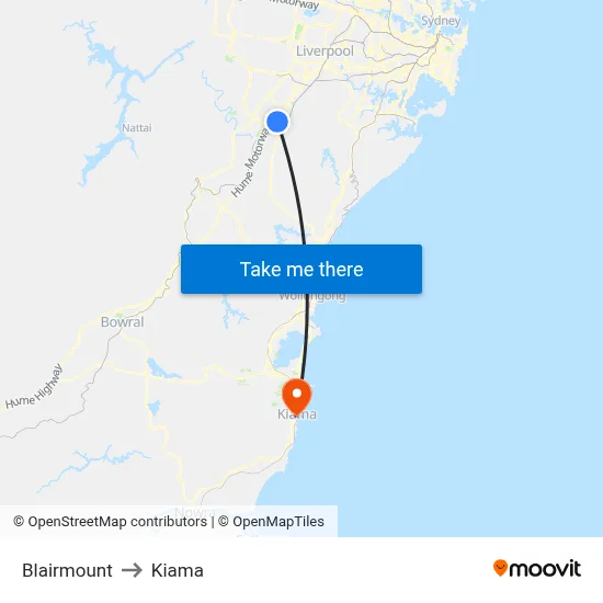 Blairmount to Kiama map
